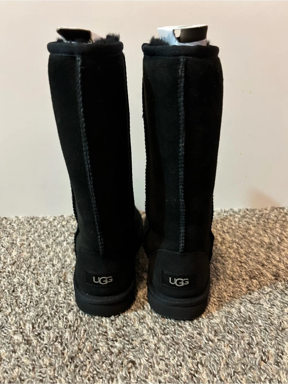 UGG Kids Classic Black Suede Tall Boots with Shearling Trim